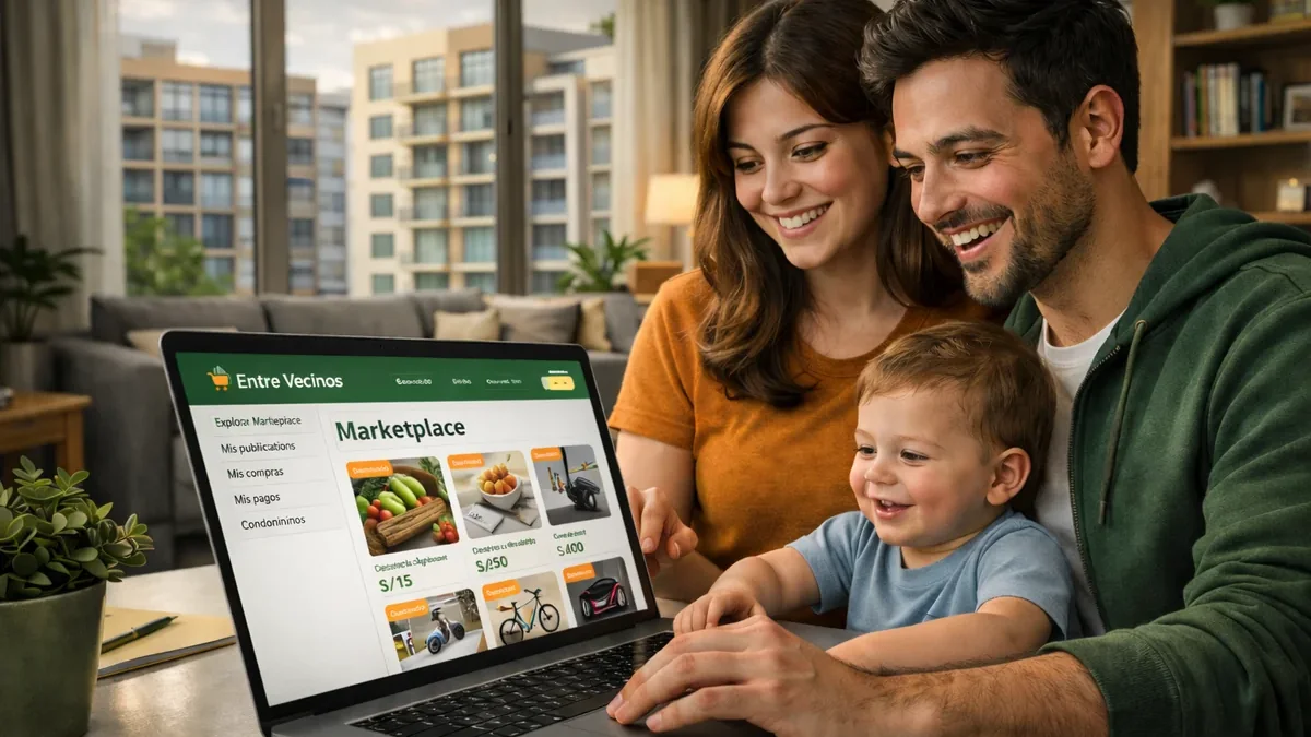 Familia explorando el marketplace Entre Vecinos